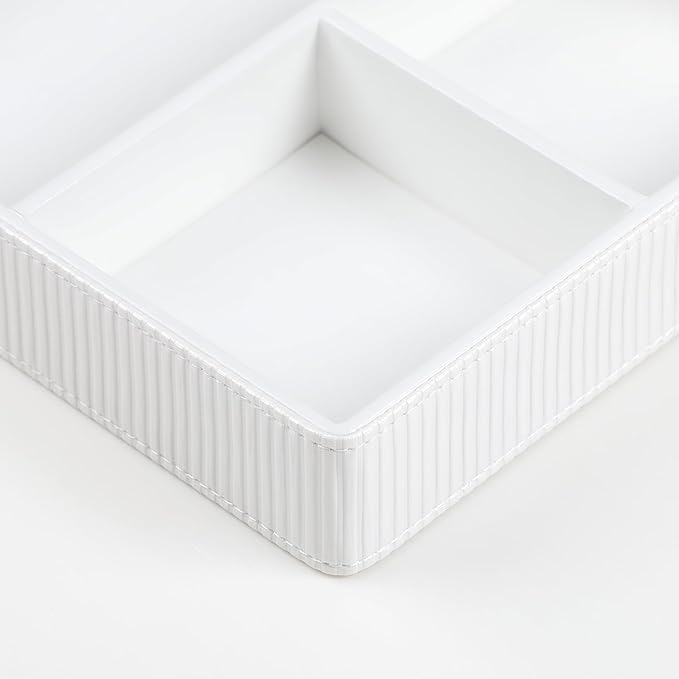 NICLNGSH PU Leather Valet Tray, Decorative Trinket Vanity Desk Drawer Organizer Tray, Perfume Dish Catch All Bowl for Keys, Nightstand Drawer Organizer Women Men with 4 Compartments (Cream-White)