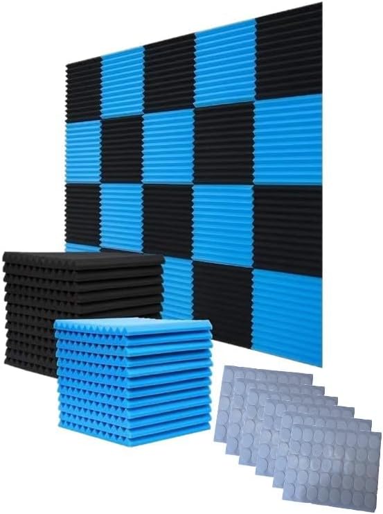 52 Pack Acoustic Foam Panels 1" x 12" x 12"Acoustic Wedge Studio Foam Sound Absorption Wall Panels (Black/Blue)