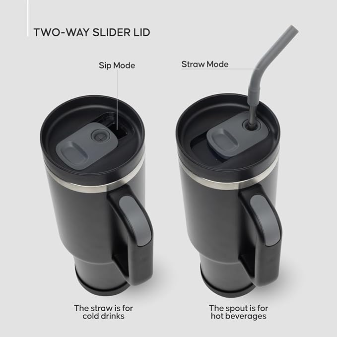 40oz Travel Tumbler Cup with Handle, Two-Way Slider Lid, Stainless Steel Straw with Silicone Tip, Vacuum Insulated Water Bottle for Hot & Cold Drinks, Great Gifts for Mom