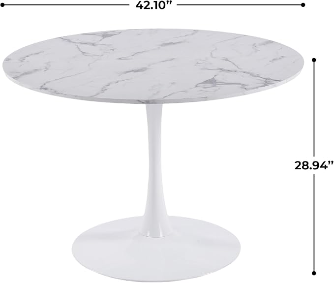 42" Tulip Table for 4-6 Persons Modern Round Dining Table, Mid-Century Modern White Marble Small Kitchen Table with MDF Wooden Top, Leisure Coffee Table for Living Room, Dining Room, Office