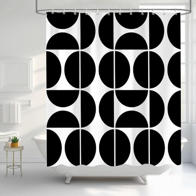 Black and White Mid Century Modern Shower Curtain, Boho Abstract Geometric Retro Art Bath Curtains For Bathroom, Colorful Unique Pattern Waterproof Polyester Fabric Bathroom Set 12 Hooks 72X84IN
