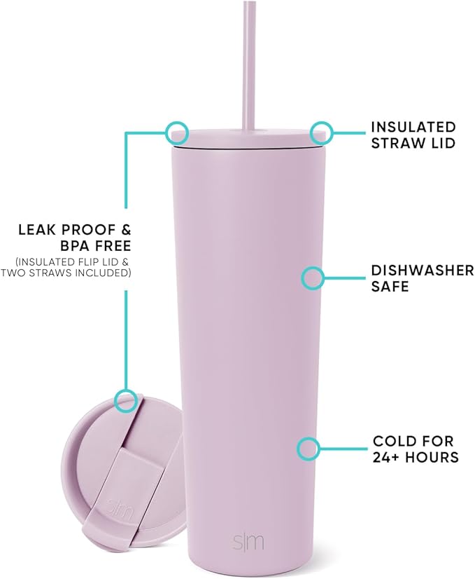 Simple Modern Insulated Tumbler with Lid and Straw | Iced Coffee Cup Reusable Stainless Steel Water Bottle Travel Mug | Gifts for Women Men Her Him | Classic Collection | 28oz | Lavender Mist