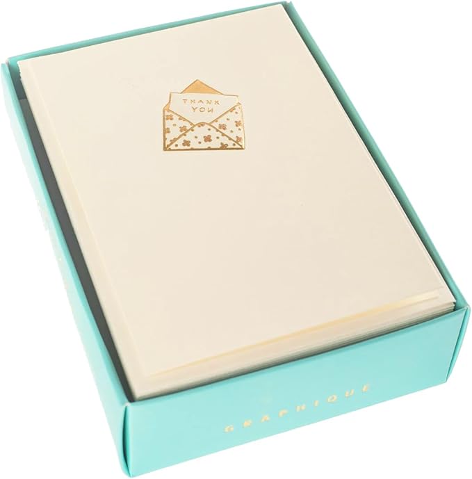 Graphique Just a Note La Petite Presse Boxed Notecards, 10 Embellished Gold Foil Blank"Thank You" Cards with Matching Envelopes and Storage Box, 3.25" x 4.75"