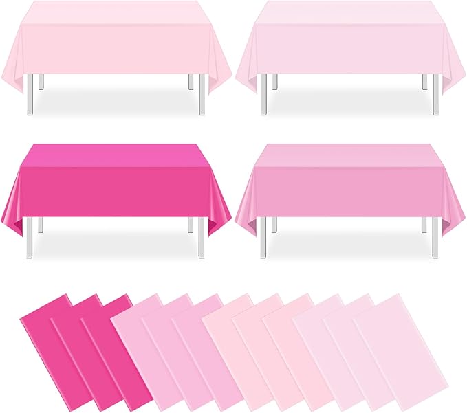 MASHAN 12 Pack Plastic Pink Tablecloths Disposable Pastel Pink Table Cloth Rectangle Table Covers for Valentines Day Bridal Engagement Wedding Galentines Party Decorations,54 x 108 Inch