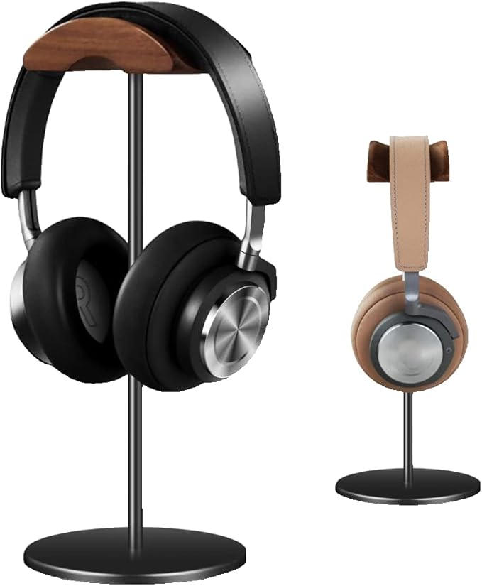 Micool Headphone Stand, Aluminium and Wood Gaming Headset Stand Holder for All Size Headphones with Stable Heavy Base, Headphone Holder for Desk