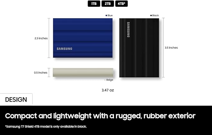 Samsung T7 Shield 1TB, up to 1050MB/s, USB 3.2 Gen2, Rugged, IP65 Rated, for Photographers, Content Creators and Gaming, Portable External Solid State Drive (MU-PE1T0S/AM, 2022), Black