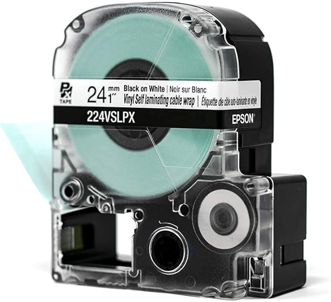 Epson LABELWORKS 224VSLPX Genuine Tape Cartridge - Black on White Flexible and Durable Vinyl Self Laminating Overwrap Industrial Label Maker Tape - 1" (24MM) Wide, 26.2 ft