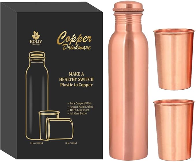 Pure Copper Water Bottle and 2 Tumbler Set - 34oz Smooth Vessel with 10oz Cups - Artisan Handcrafted Drinkware Kit - Sustainable Gift Box