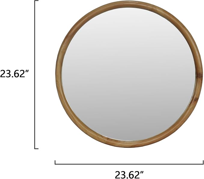 Round Wall Mirror with Natural Wood Frame, 35.43 in Diameter, Mid-Century Modern Decorative Mirror for Bathroom, Bedroom, Entryway, Natural Wood
