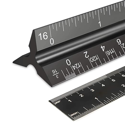 Rena Chris 2PCS Architectural Scale Ruler: 12" Imperial Aluminum Triangular Scale Ruler, Laser-Etched Architecture Ruler, Drafting & Architect Ruler for Architects, Students, Draftsman(Black)
