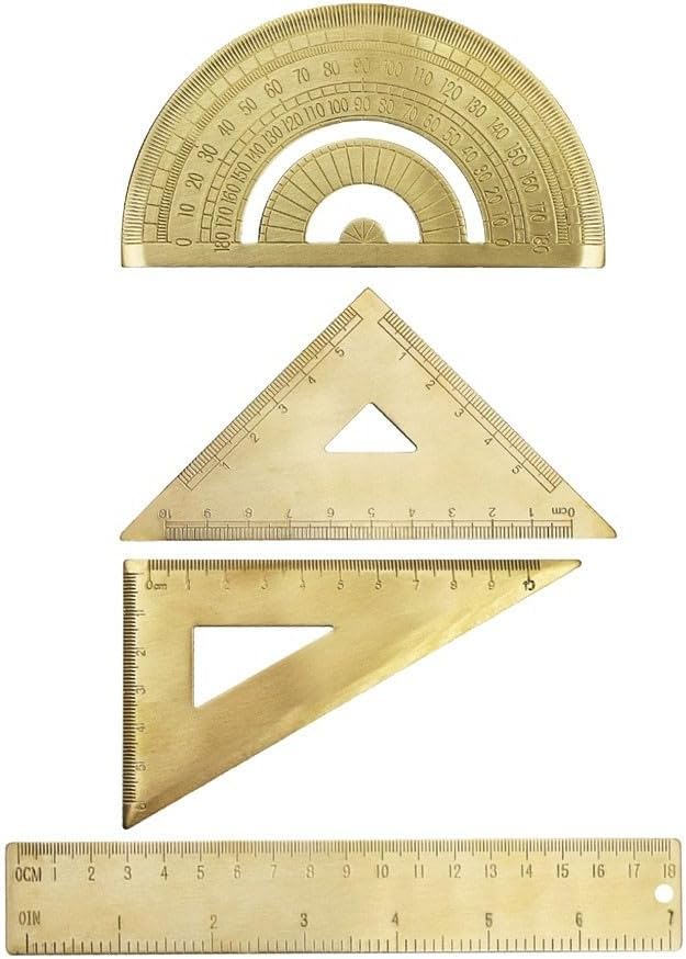 Golden Brass Ruler Set with Protractor and Triangles, 18 cm / 7 inch for Precision Measuring Tools for Drafting, Art, Engineering, School, Office, Portable Stationery Kit