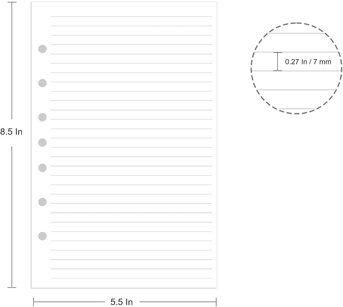7-Hole Lined Refills Paper, A5 Filler Paper for Planner Inserts, A5 Loose Leaf Paper, 7 Hole Refills, 100 Sheets/200 Pages, College Ruled, 5.5 X 8.5 Inch (White Paper, 100 Sheets)