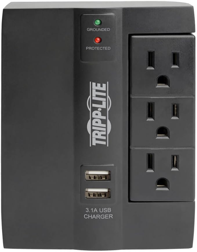 TRIPP LITE 6 Outlet Surge Protector Power Strip, 3 Rotatable Outlets, Wall Tap/Direct Plug in, 1200 Joules, 2 USB Charging Ports, Limited Warranty & $20, 000 Insurance (SWIVEL6USB), Black