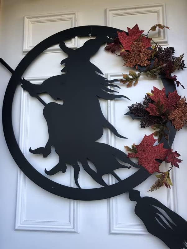 RealSteel Witch Halloween Decoration - Metal Broom Riding Décor - Scary Indoor Outdoor Wall Sign for Haunted Houses - Wicked Witch Flying Porch Art - Flying Bats Front Door Art (30, Orange)