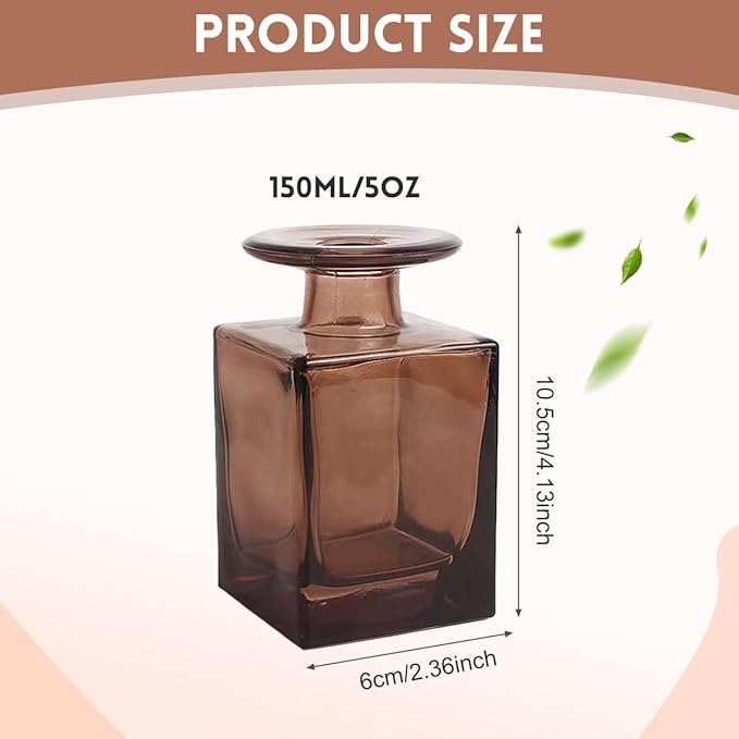 150ML/5OZ Square Amber Glass Diffuser Bottles Empty Refillable Vintage Diffuser Jars Decorative Aromatherapy Containers for Home Office(Excluding Aromatherapy Sticks)
