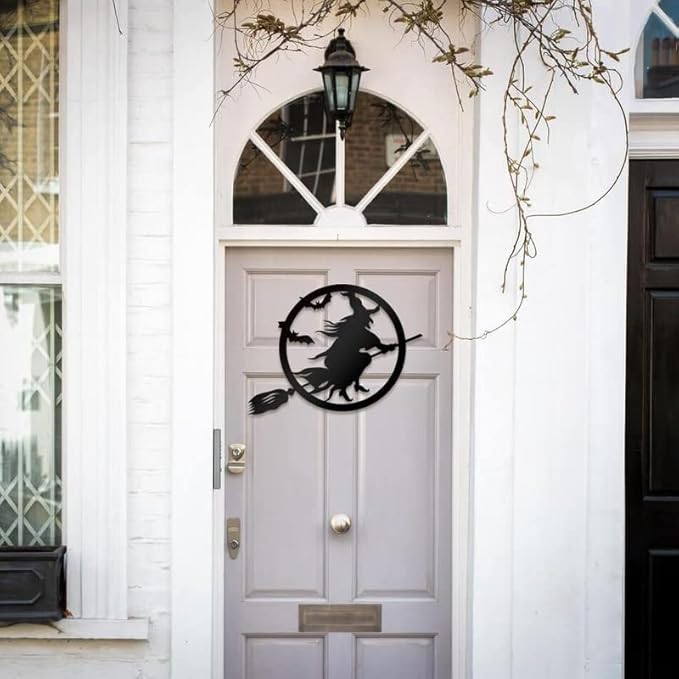 RealSteel Witch Halloween Decoration - Metal Broom Riding Décor - Scary Indoor Outdoor Wall Sign for Haunted Houses - Wicked Witch Flying Porch Art - Flying Bats Front Door Art (18, Orange)