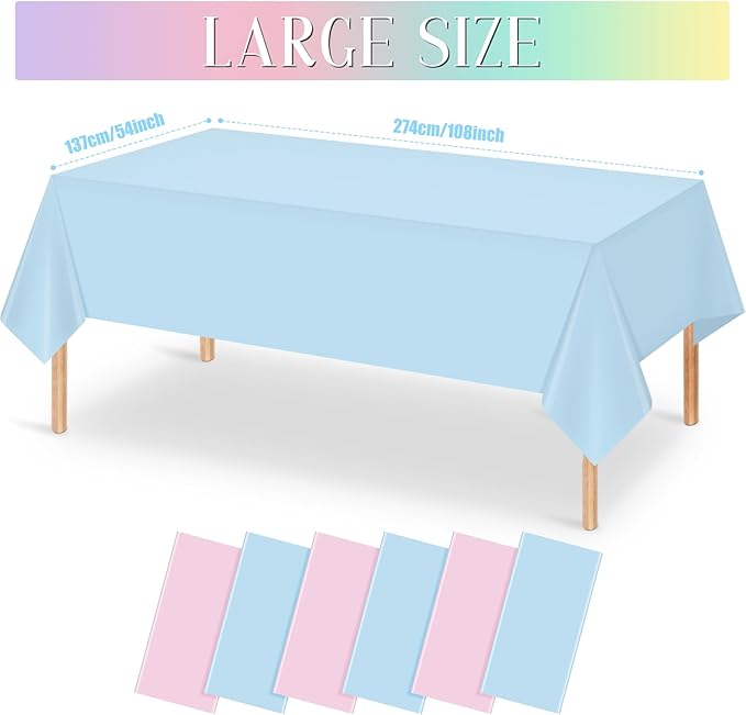 MASHAN 6Pack Gender Reveal Tablecloths, Disposable Plastic Pink and Blue Tablecloth, Rectangle Table Covers for Boy or Girl Baby Shower Party Decorations,54×108 Inch