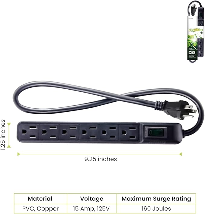 Go Green Power Inc. GG-16103MINBK 6 Outlet Surge Protector, Black