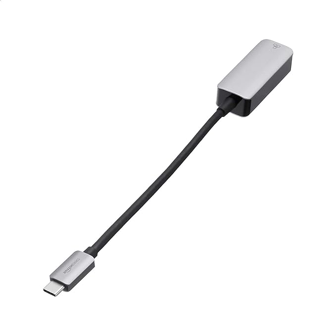 Amazon Basics Aluminum USB-C to RJ45 Gigabit Ethernet Adapter, Portable, Fast Network, Grey, 2.07 x 0.81 x 0.6 inches
