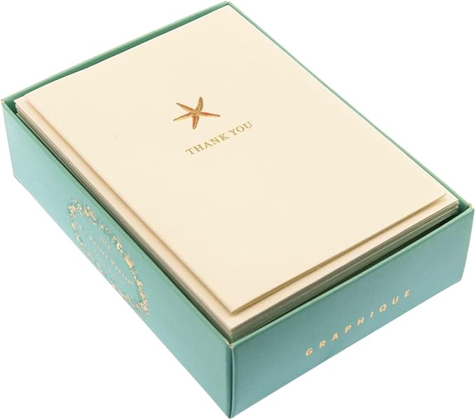 Graphique Starfish La Petite Presse Boxed Notecards - 10 Embossed and Embellished Gold Foil Starfish Blank Cards with Matching Envelopes, 3.25" x 4.75"