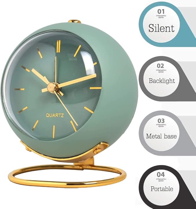 SHISEDECO Small Tableclocks Classic Non-Ticking Tabletop Alarm Clock with Night Light, Battery Operated Deskclock with HD Glass for Living Room Bedroom Bedside Indoor Decor (RN- Green)