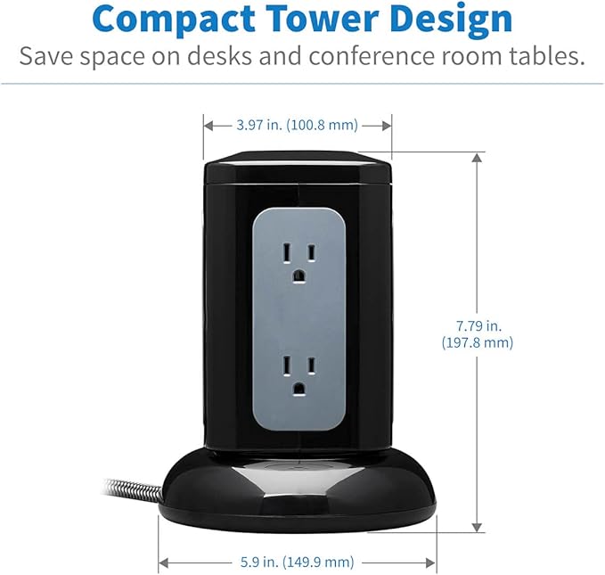Tripp Lite TLP606UCTOWER Charging Tower Power Strip Surge Protector & Charging Station with USB Ports, 1800 Joules, 6 Outlets, 3 USB-A + 1 USB-C, 8ft Cord, Dorm Room Essentials Desk Accessory