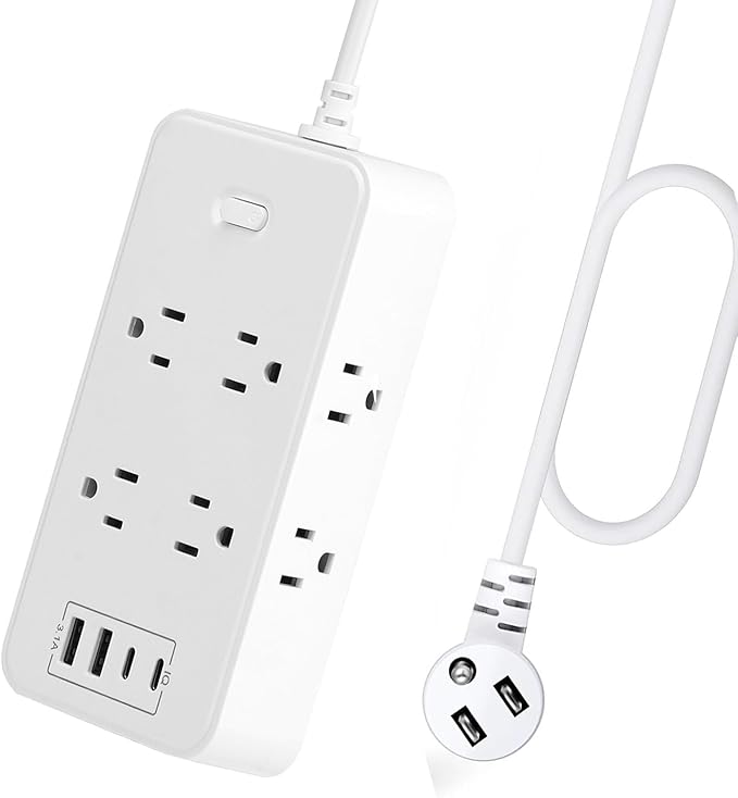 10FT Power Strip Extension Cord Surge Protector with 8 Outlets and 2 USB & 2 USB-C Port(5V 3.1A),Bold Extension Cord with Fuse Surge Protected Power Strip for Home Office (White)