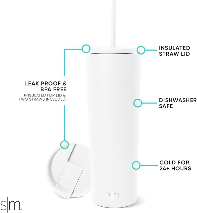 Simple Modern Insulated Tumbler with Lid and Straw | Iced Coffee Cup Reusable Stainless Steel Water Bottle Travel Mug | Gifts for Women Men Her Him | Classic Collection | 28oz | Winter White