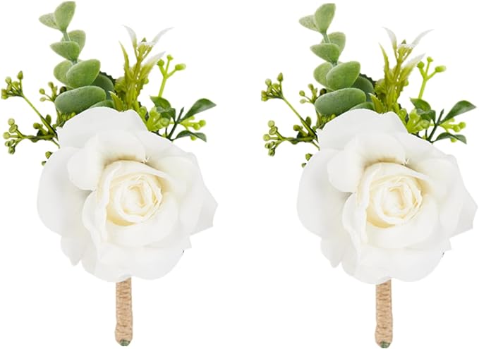 Meldel Ivory White Rose Boutonnieres for Men Wedding, Set of 2, Artificial Corsage for Prom, Groom and Groomsmen Boutonniere for Ceremony, Formal Dinner Party, Fall Rustic Wedding, Homecoming