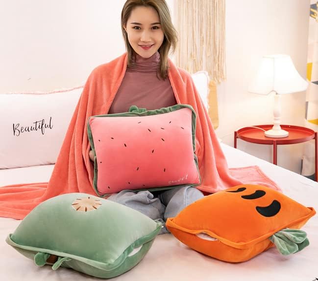 Rikyo 15" Stuffed Fruit Travel Blanket and Pillow Set,3 in 1 Plush Stuffed Hugging Pillow with Warming Hands Pillow Blanket for Kids Gift Travel Airplane Train Bed Office Nap (Green-Kiwifruit)