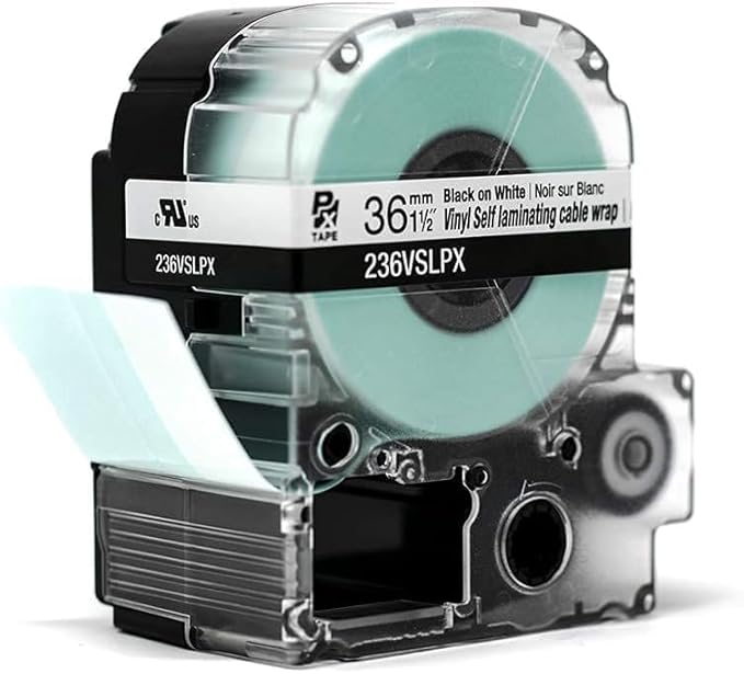 Epson LABELWORKS 236VSLPX-5PK Genuine Tape Cartridge - 5 Pack of Black on White Durable Vinyl Self Laminating Overwrap Industrial Label Maker Tape - 1.5" (36MM) Wide, 26.2 ft - 5 Pack