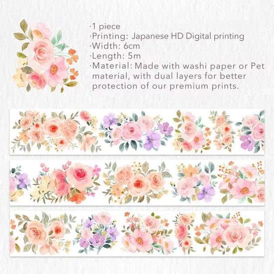 WT Floral PET Tape for Scrapbook Junk Bullet Journaling Supplies, Colored Masking Decorative Tape for Bible Study and Craft Supplies, Width 6cm, Length 5 M(Flower Corridor Wide PET Tape, One Roll)
