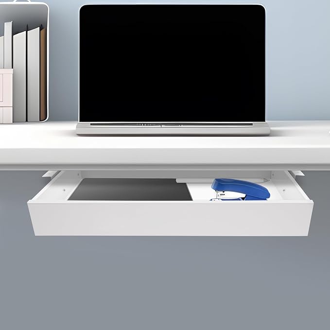DouSeiAi Under Desk Drawer Slide Out For Office Desk, Storage Organizer For Sit Stand Workstation, 22” x 14” x 3”, White