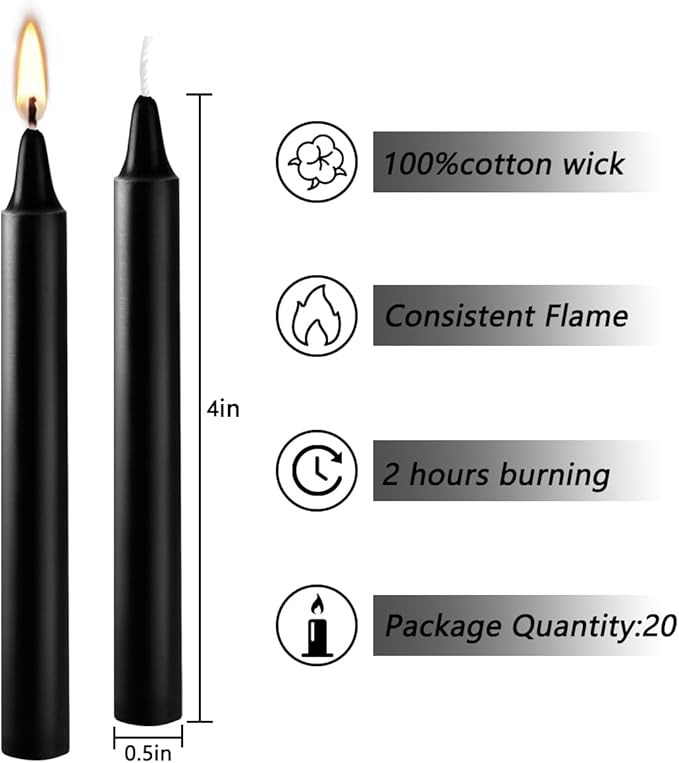 20-Pack of 4-Inch Black Taper Candles - Smokeless, Long-Burning (1.5 Hours Each) - Ideal for Dinners, Parties, Ceremonies, and Shabbat Observances