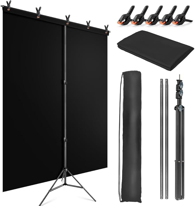 Black Backdrop Background with Stand for Photoshoot, 5x6.5ft Black Photo Backdrop Curtain Cloth with Background Support Stand, 5 Spring Clamps& Carrying Bag for Party Photography Video Studio