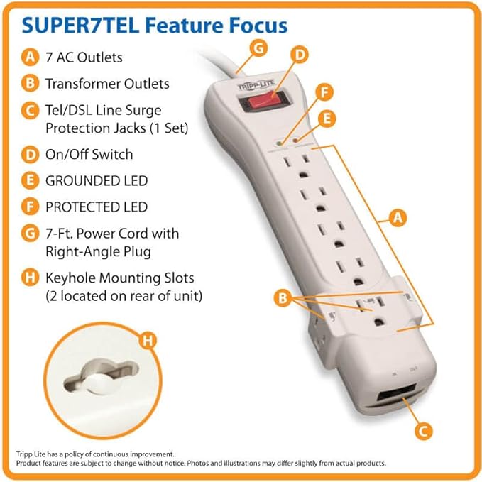 Tripp Lite 7 Outlet Surge Protector Power Strip, 7ft, Right-Angle Plug, Fax/Modem Protection, RJ11, $75,000 Insurance (SUPER7TEL), Gray, 10.3" x 2.8" x 1.5"