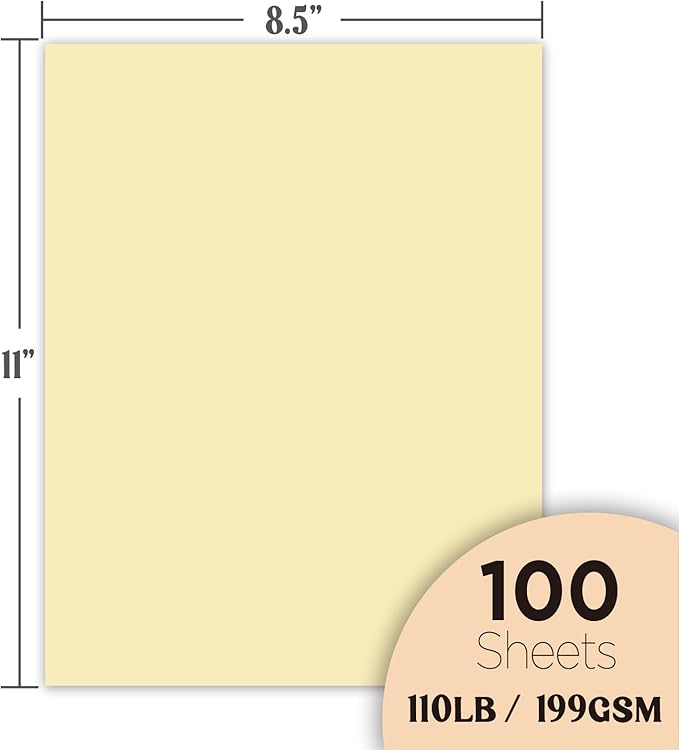 WritePads Cream Cardstock Paper, 110lb/199gsm Heavy Cardstock, Colored Multi-Purpose paper, 8.5" x 11" 100 Sheets (1 Reams) Computer Paper, Made in USA