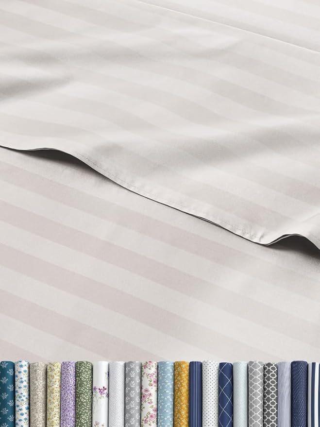 Grey Striped Sheets - 1 Flat & 1 Fitted Sheet & 2 Pillowcases w/ Deep Pockets - Comfy, Cozy, Wrinkle & Fade Resistant - Ultra-Soft, Breathable and Cooling - Luxury Pinstripe Bedding - Queen Size