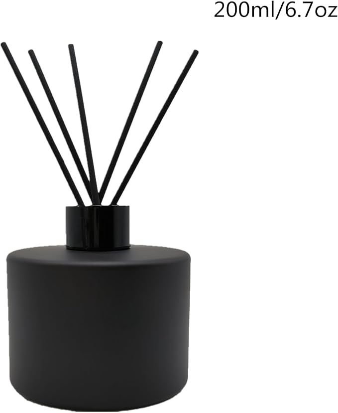 2PCS Glass Diffuser Bottles,200ml/6.7oz Essential Oil Jar,Empty Perfume Container with Black Aromatherapy Sticks Use for DIY Replacement Reed Diffuser (Round Matte Black)