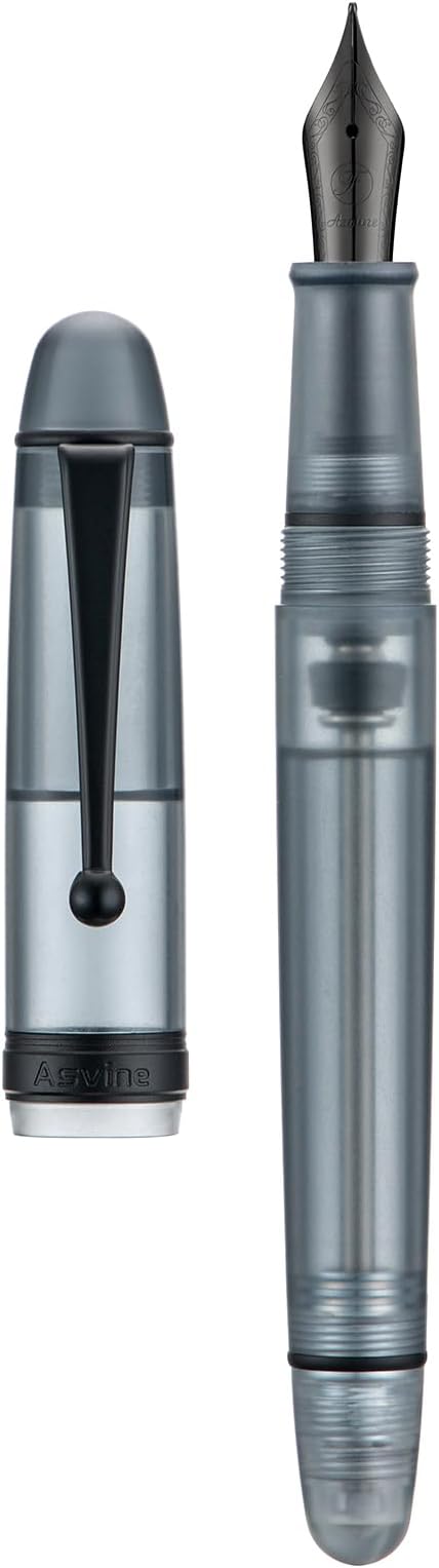Asvine V126 Vacuum Filling Fountain Pen, Matte Black Acrylic Fine Nib, Large-Capacity Pen with Gift Case