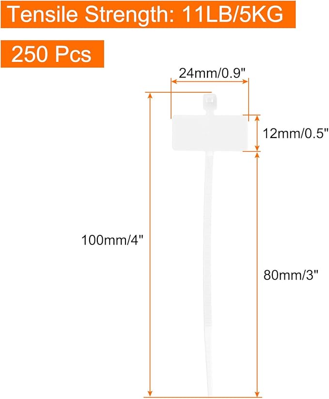 MECCANIXITY 250pcs Marker Cable Zip Ties, 4 Inch Self-Locking Nylon Labels Zip Tie Wraps, Wire Tags Ties Straps for Indoor and Outdoor, 1/8", White