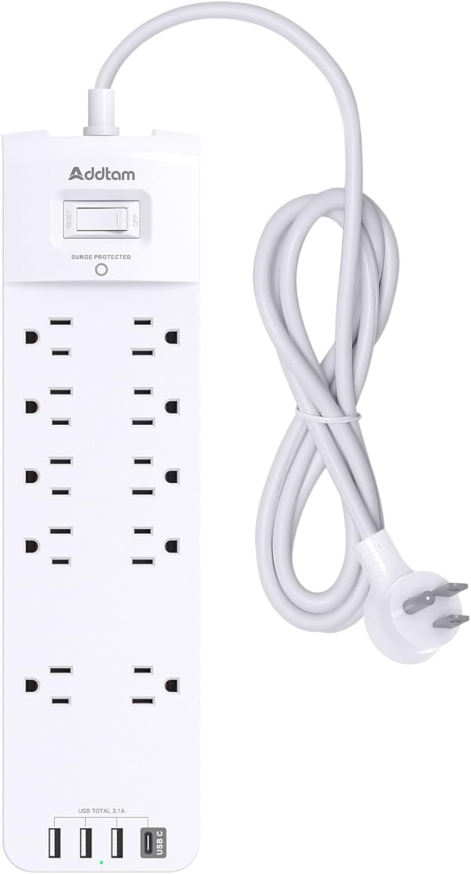 Power Strip, Addtam Surge Protector with 10 Outlets and 4 USB Ports, 6 Feet Extension Cord with Flat Plug, 2700 Joules, ETL Listed, White