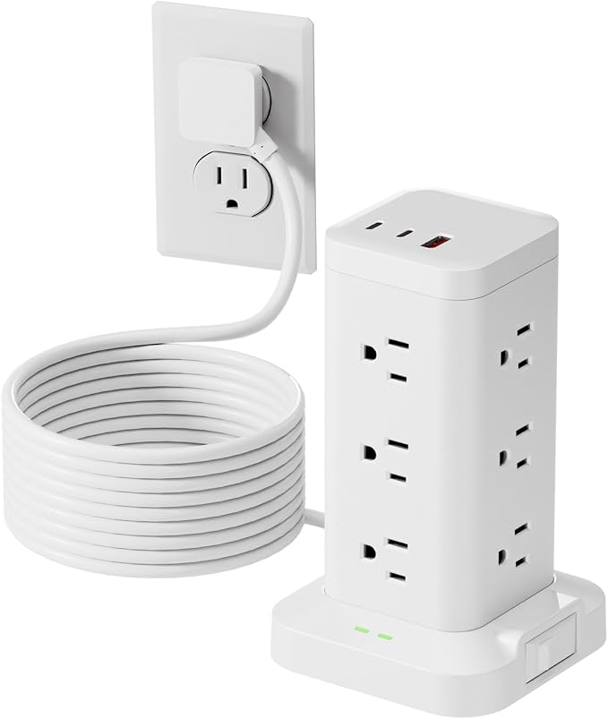 Power Strip Tower with Surge Protector 1800J, Fast Charging PD20W USB-C Ports with 12 AC Outlet Extenders, 10ft Extension Cord for Home Office Dorm Room Essentials, White