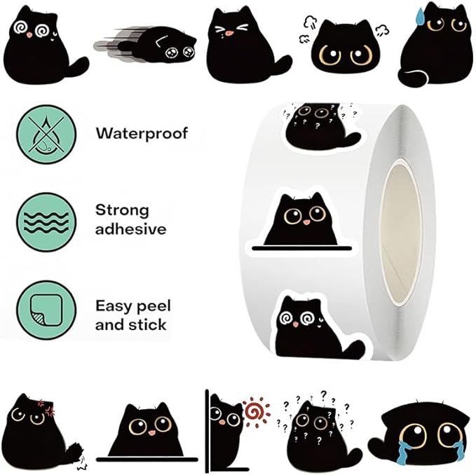 500 Pcs Black Cat Stickers Roll, 10 Styles Cute Cartoon Kitten Sticker, Waterproof Vinyl Cat Party Favors for Journals, Laptops, Scrapbooking Bulk Stickers for School & Birthday Goodie Bags
