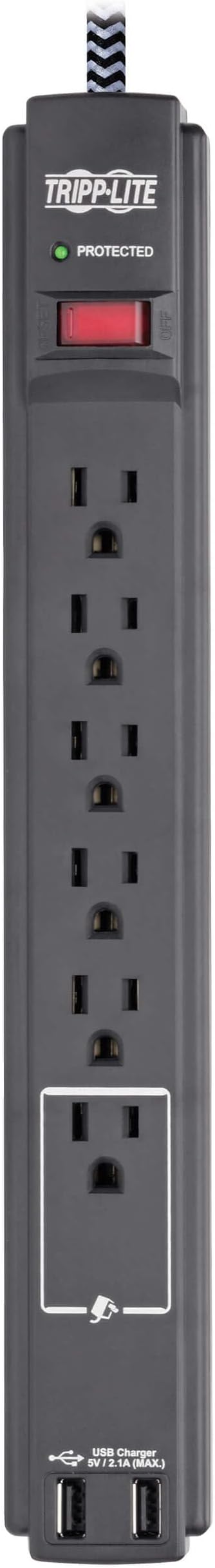 Tripp Lite Surge Protector Power Strip with USB, 6-Outlet & 2 USB Ports, Wall & Desk Mount, 10ft Braided Cord - 990 Joules, 1875 Watts Dollar 25,000 Insurance (TLP610BUAM)