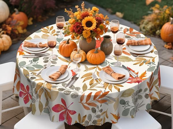 Eikione Fall 60Inch Round Tablecloth, Fall Maple Leaf Round Table Cloth, Waterproof, Wrinkle Free Polyester Table Cover for Autumn Picnics, Halloween Dining Decorations