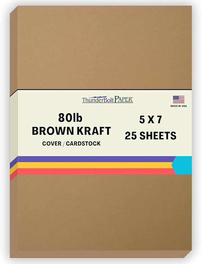 25 Brown Kraft Fiber 80# Cover Paper Sheets - 5" X 7" (5X7 Inches) Photo|Card|Frame Size - Rich Earthy Color with Natural Fibers - 80lb/pound Cardstock - Smooth Finish