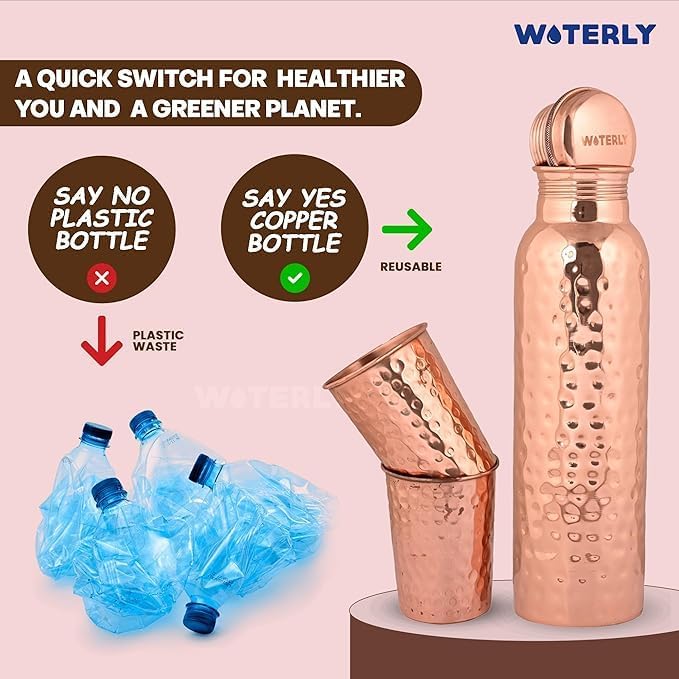 Hammered Copper Water Bottle (34 Oz /1000ml) With Set Of 2 Tumbler (10 Oz/300ml Each) | Best use for Office,Gym & gifts |100% Pure Copper Material with Leak proof Quality Made In India