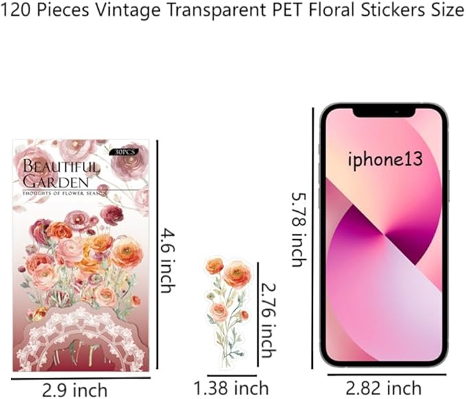 120 Pieces Vintage Transparent PET Floral Stickers for Journaling, 4 Styles Watercolor Flower Set, Decorative Sticker for Scrapbooking, Junk Journal Supplies, Collage