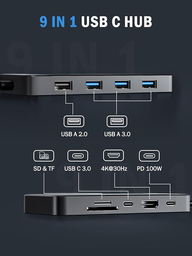 Lemorele 9-in-1 USB C Hub Multiport Adapter, USB C Dongle w/4K HDMI for MacBook Pro Air, 3 USB3.0 5Gbps and 1 USB2.0 Port, Type-C 3.0, 100W PD, SD/TF, Docking Station for Windows/iPad/Dell/HP/Lenovo